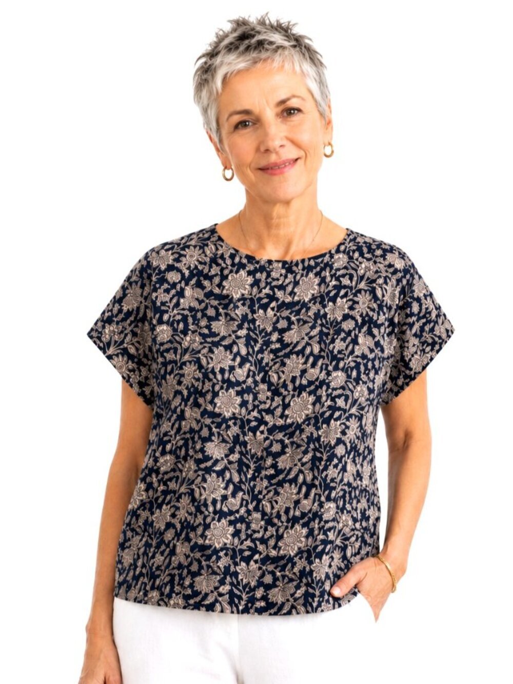 Pure Jill 100% Linen Navy Blue Lavender Floral Top